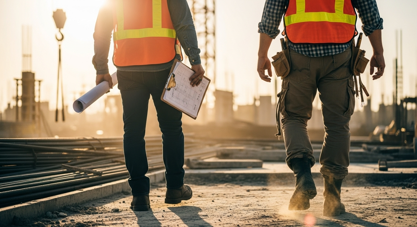 construction recruiter walking a new hire through the site
