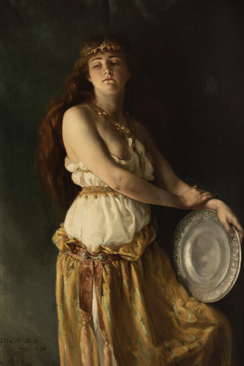 Portrait of a woman with long red hair wearing a white and gold dress and holding a silver platter.