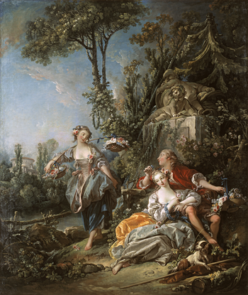 Rococo painting of a romantic pastoral scene with a woman standing holding flowers, a seated couple beside a stone statue of a reclining man, with lush trees and a village in the background.