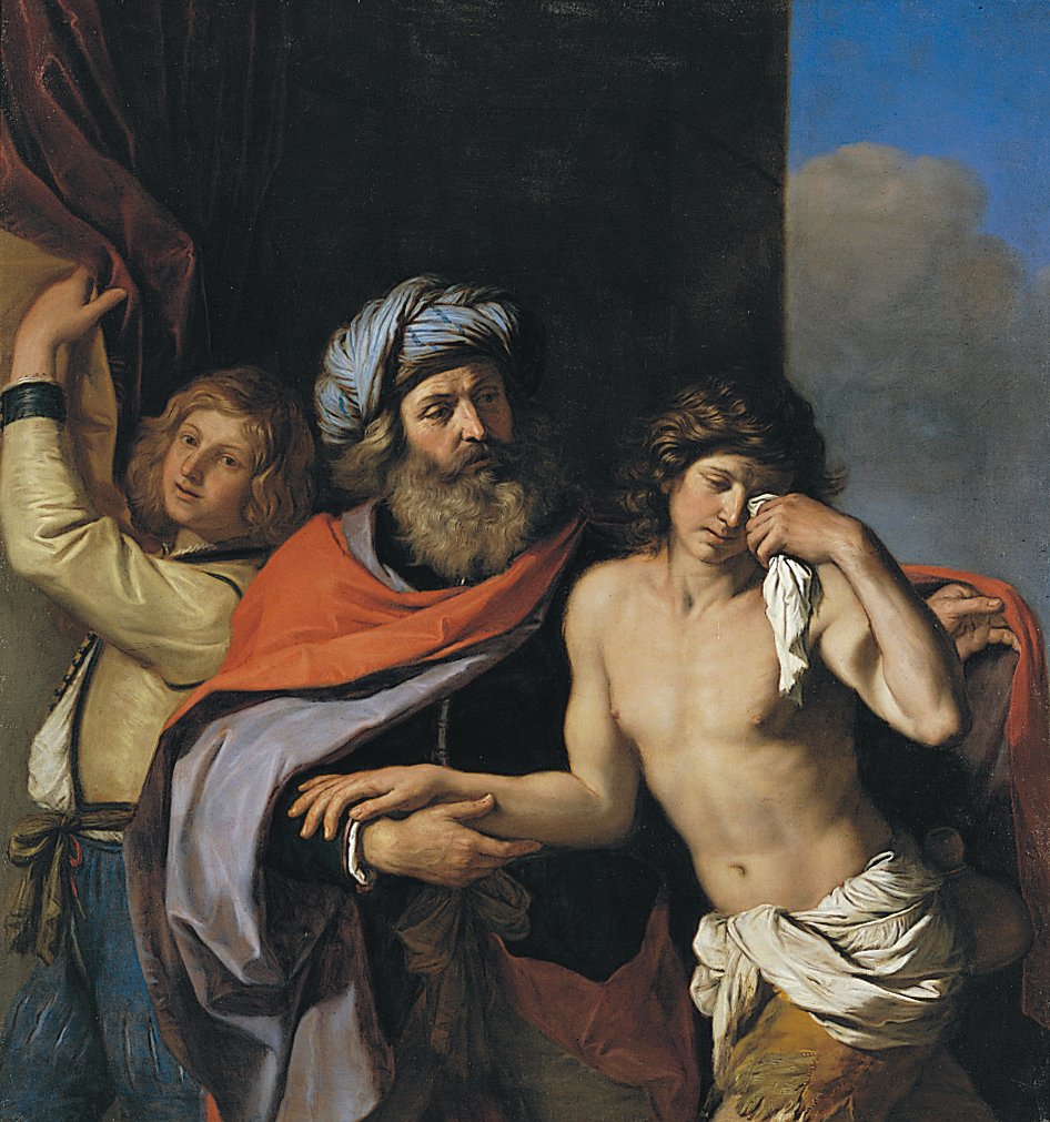 A classical painting showing a bearded man in a turban and robe holding a young, shirtless man who wipes tears from his eyes with a cloth, while a third figure pulls aside a curtain.