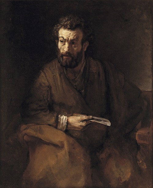 Baroque painting of a seated bearded man in dark clothing holding a curved knife, looking to the side.