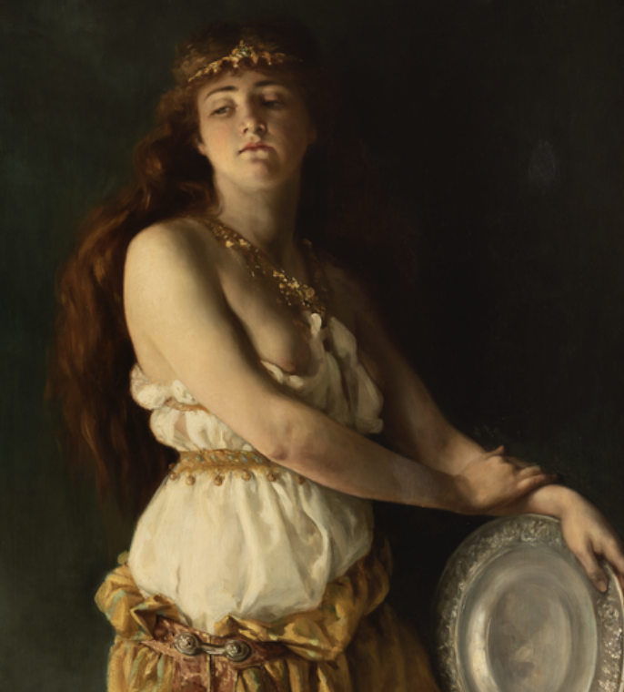 Portrait of a woman with long red hair wearing a white and gold dress and holding a silver platter.