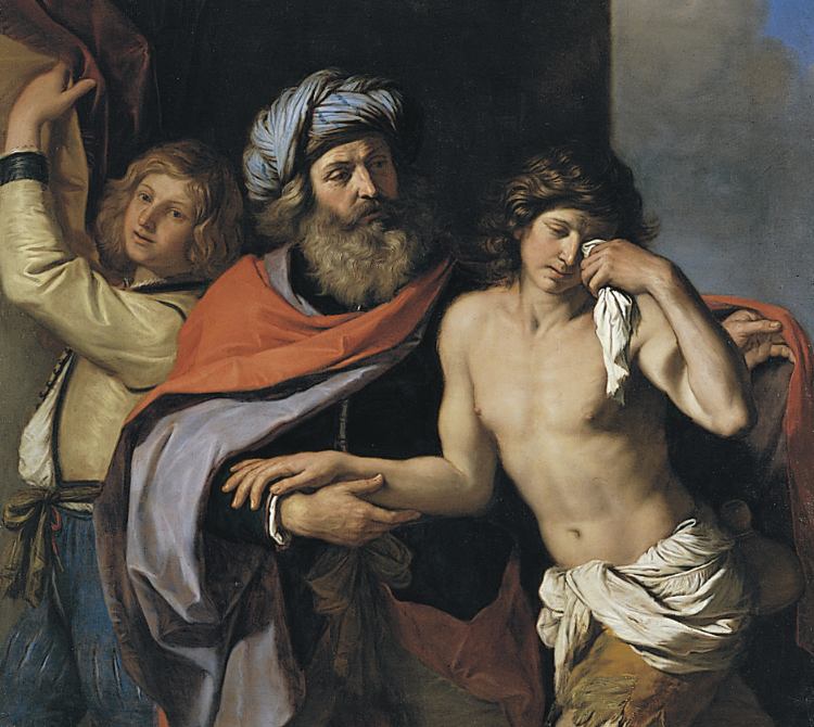 A classical painting showing a bearded man in a turban and robe holding a young, shirtless man who wipes tears from his eyes with a cloth, while a third figure pulls aside a curtain.