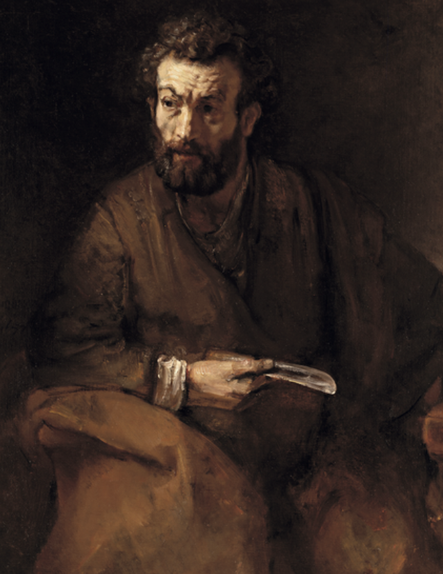Baroque painting of a seated bearded man in dark clothing holding a curved knife, looking to the side.