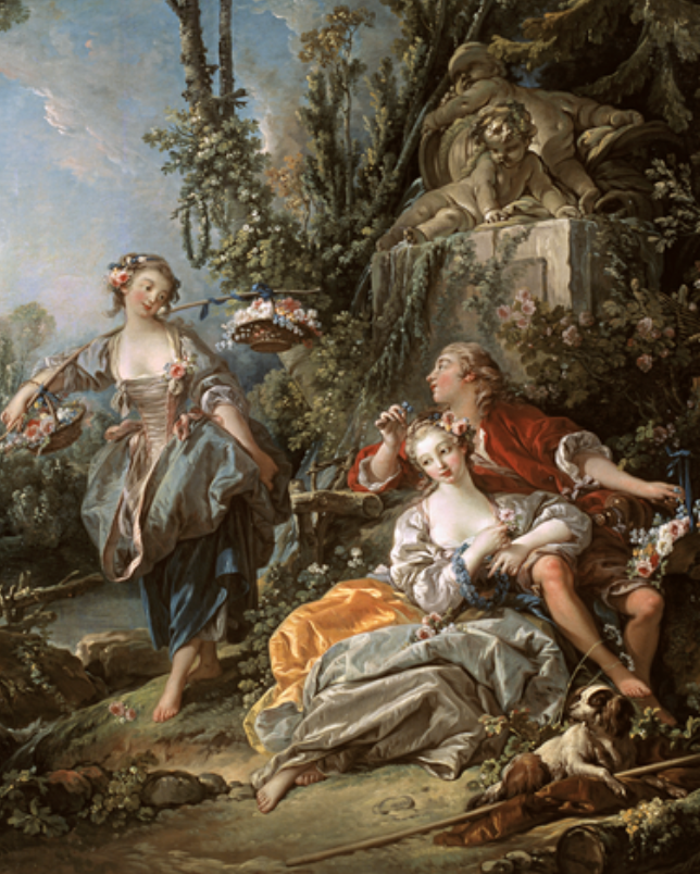 Rococo painting of a romantic pastoral scene with a woman standing holding flowers, a seated couple beside a stone statue of a reclining man, with lush trees and a village in the background.