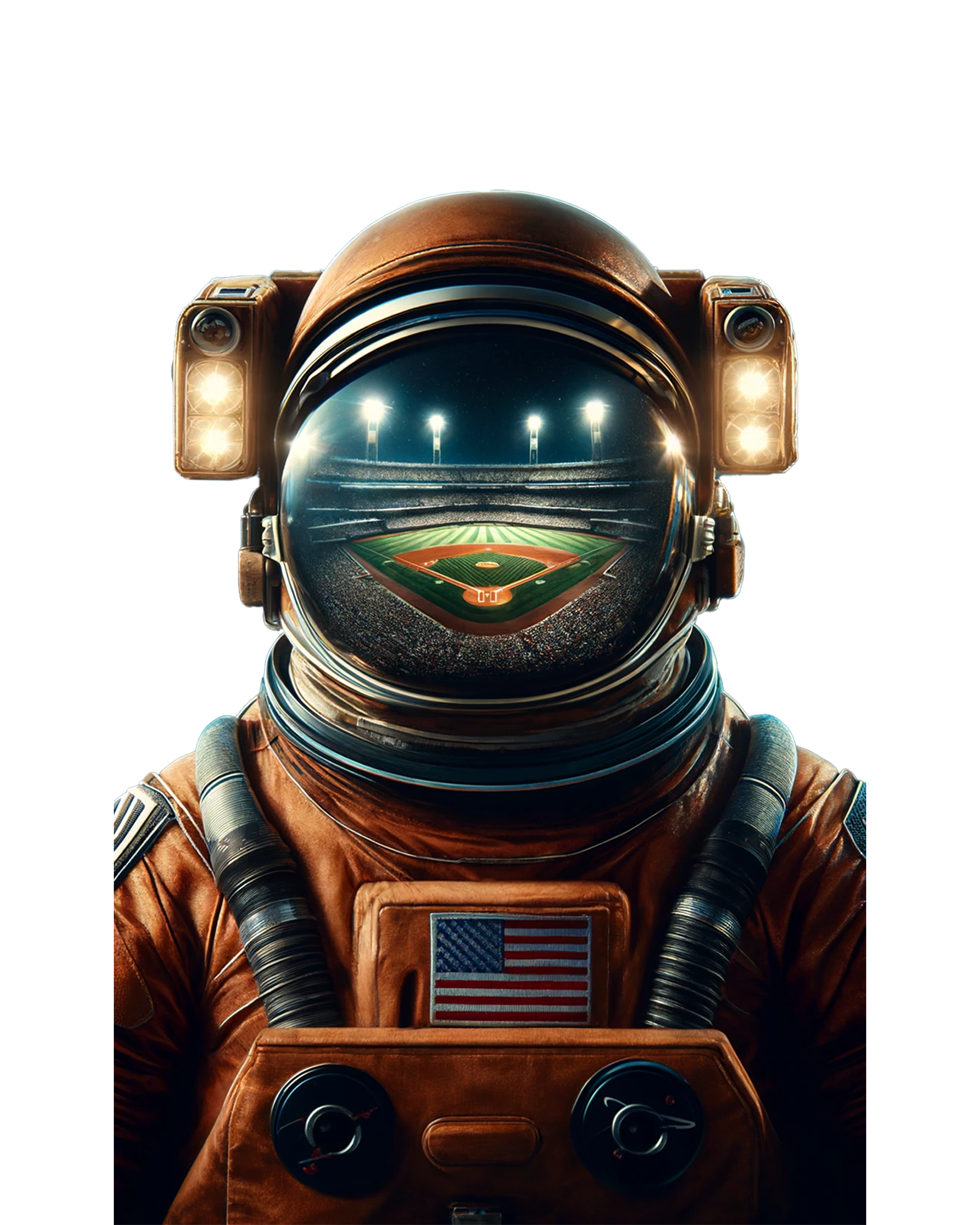 image of astronaut with a reflective face shield that is reflecting a baseball field, stadium lights and a sold out crowd in anticipation of women to take their place on the field.
