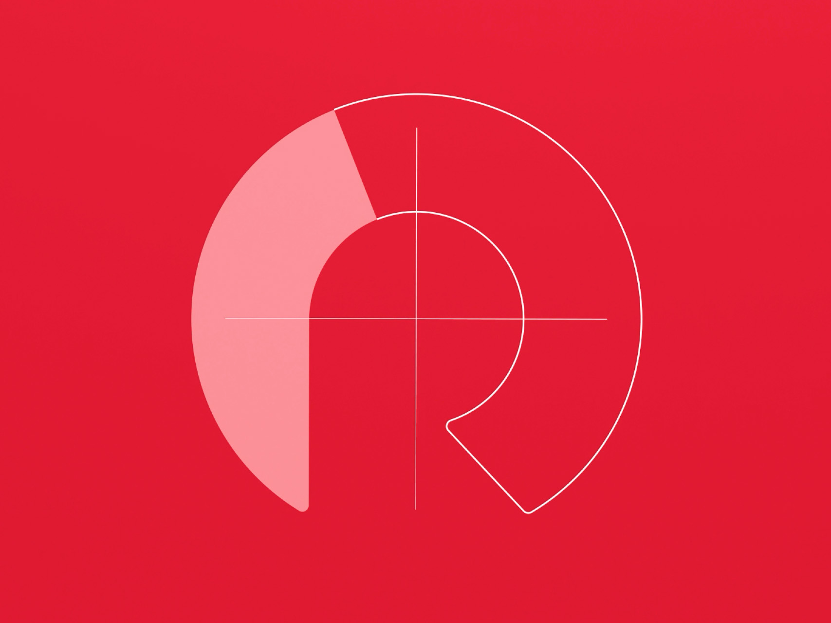 A partial circular shape forming the Rocket logo in light and dark red shades, with thin white grid lines suggesting logo construction.