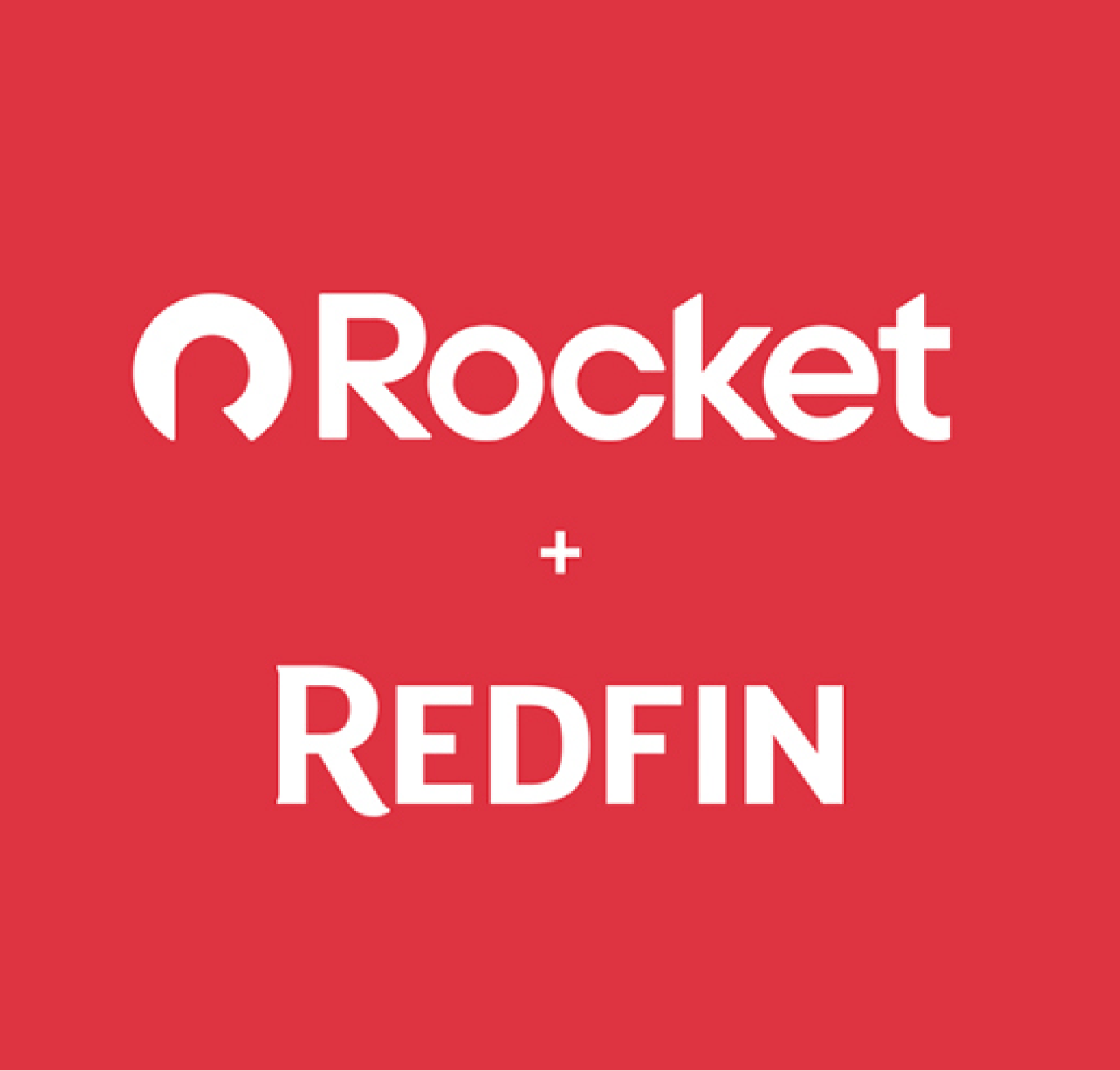 Logo graphic showing the Rocket logo above the Redfin logo on a red background with a plus sign in between.