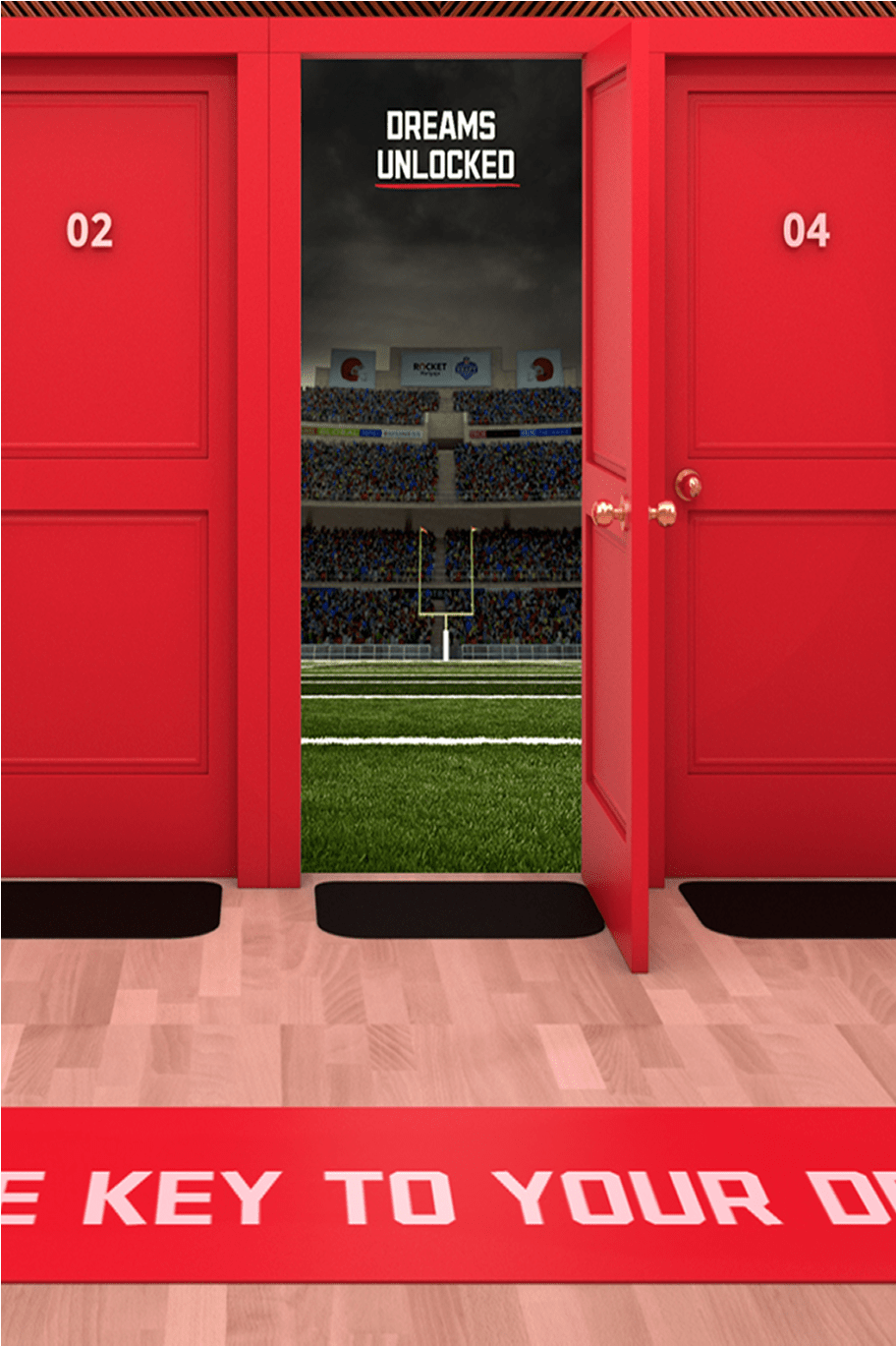 Bright red doors numbered 02 and 04 flank an open doorway revealing a football stadium field, with the words “Dreams Unlocked” above the entrance.