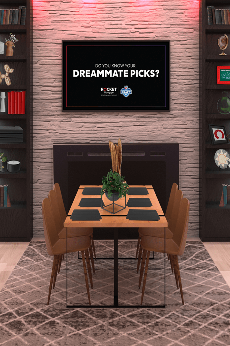 A dining room setup with a screen on the wall displaying the words: “Do you know your Dreammate picks?” alongside Rocket Mortgage and NFL Draft 2024 logos.