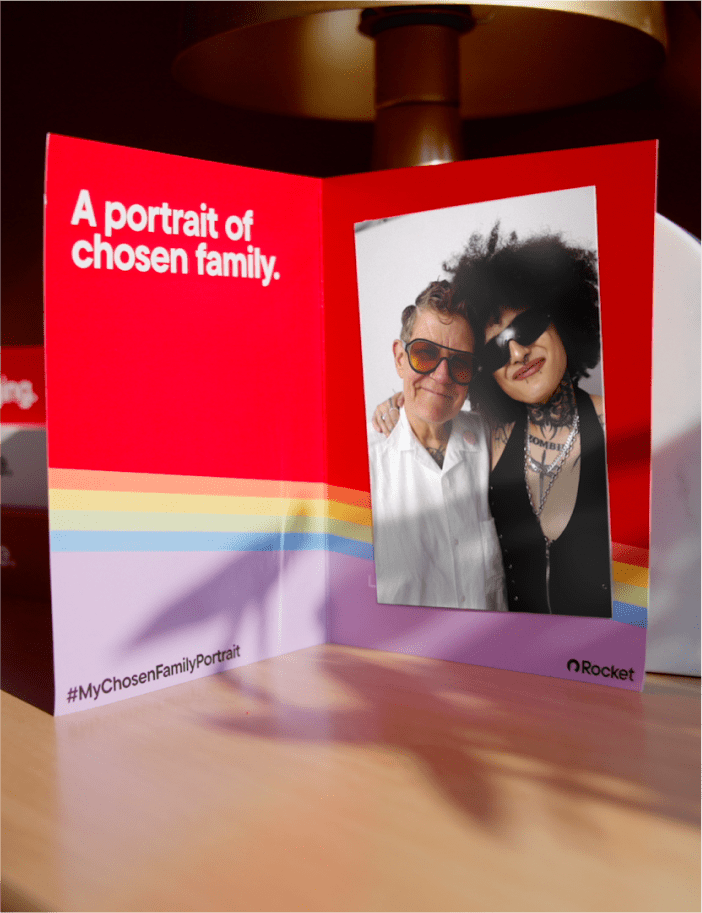 A red card with a rainbow stripe reads, "A portrait of chosen family." It displays a photo of a younger person and an older person embracing and smiling.