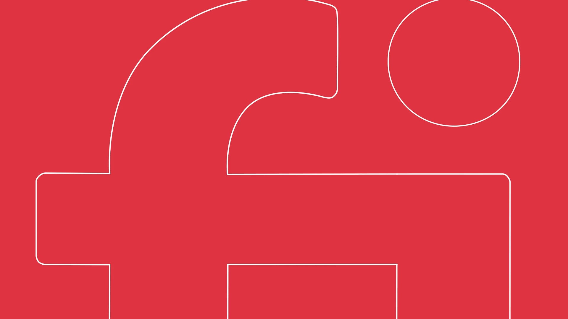 Large abstract geometric shapes outlined in white on a solid red background, resembling oversized letterforms.
