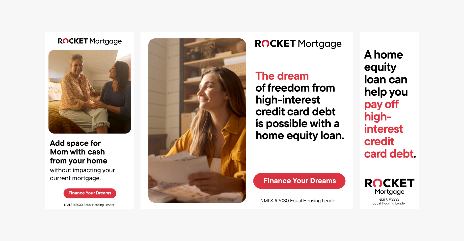 Rocket Mortgage display ads featuring families and individuals. Text highlights how home equity loans can help add space for loved ones or pay off high-interest debt.