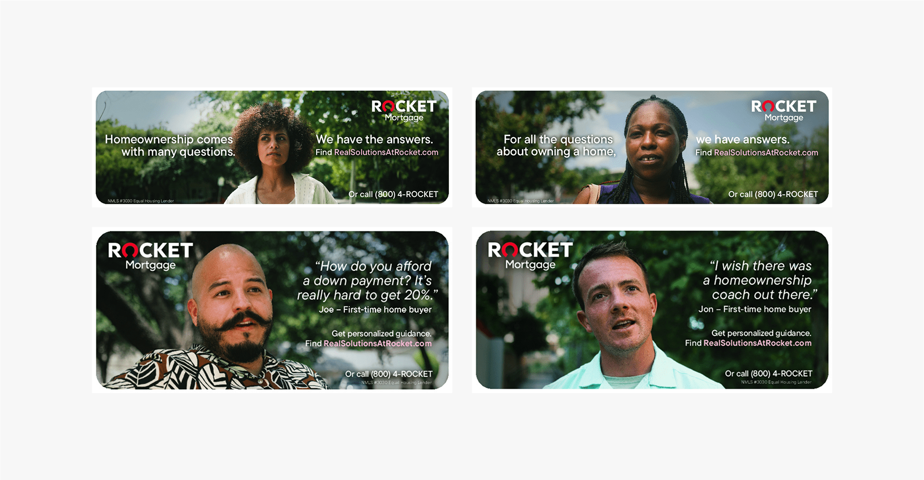 A set of four Rocket Mortgage display ads featuring close-up portraits of individuals outdoors. Each has a quote about challenges or questions related to homeownership, alongside the Rocket Mortgage logo and contact information.