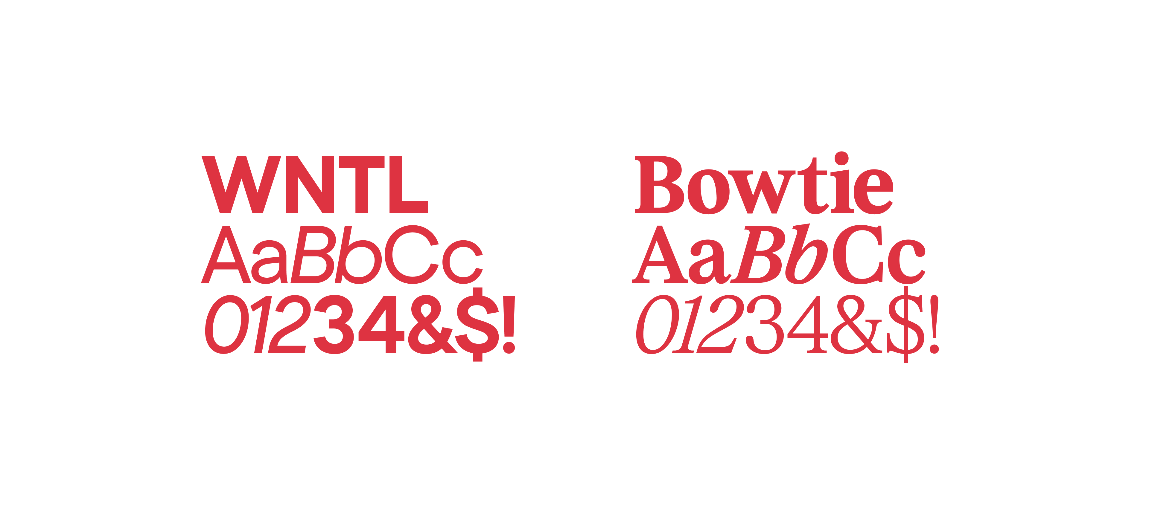 Typography samples displayed in red text on a white background. On the left: “WNTL” in bold sans-serif with uppercase, lowercase, numbers, and symbols. On the right: “Bowtie” in a serif style with uppercase, lowercase, numbers, and symbols.