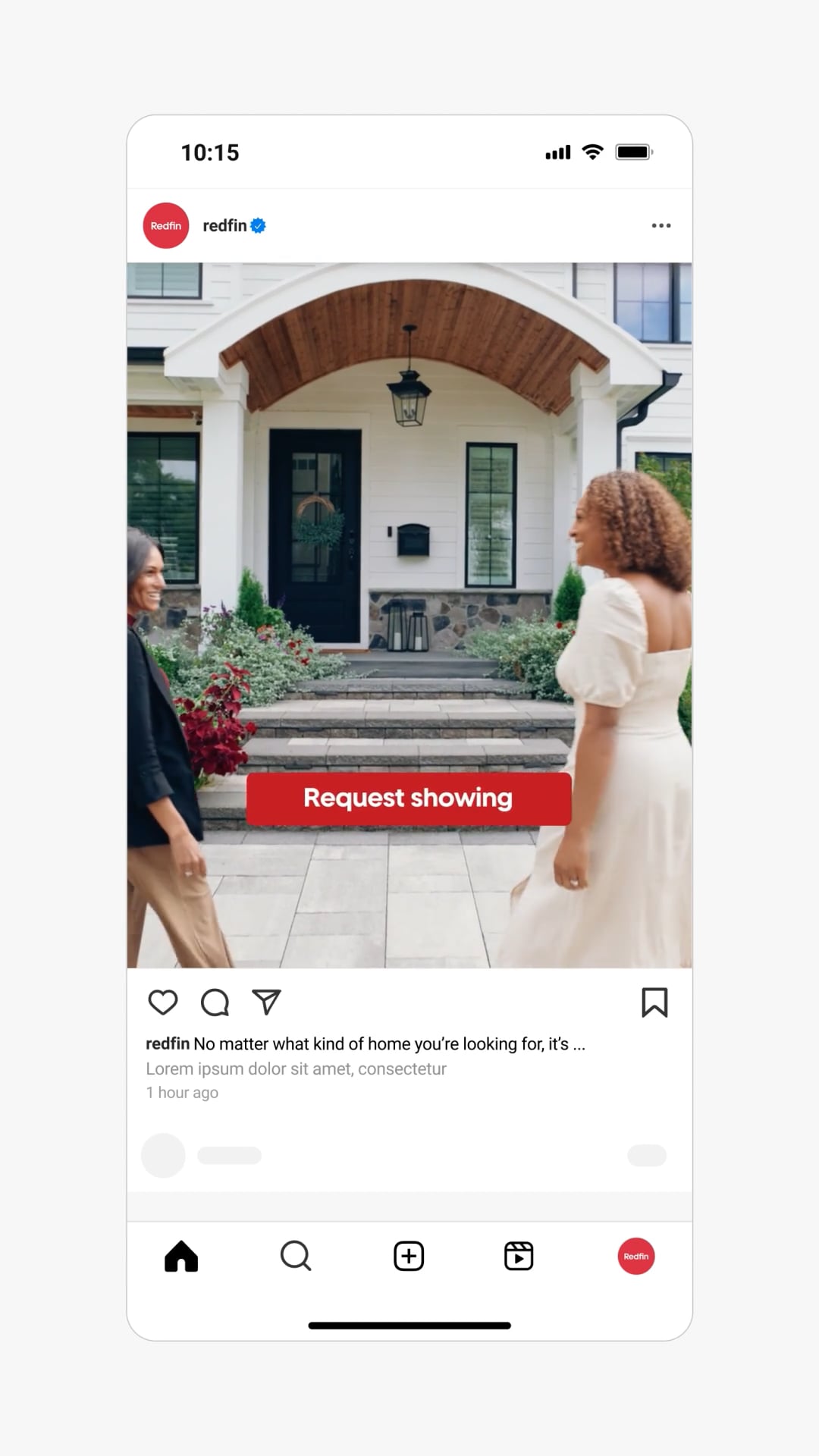 An Instagram-style post from Redfin showing two women smiling and walking toward a home with a black door and stone steps. A red button overlay says “Request showing.”