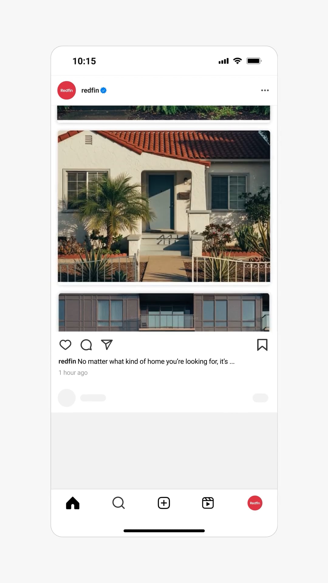 An Instagram-style mobile post from Redfin showing a house with a white exterior and red-tiled roof, captioned “No matter what kind of home you’re looking for…”