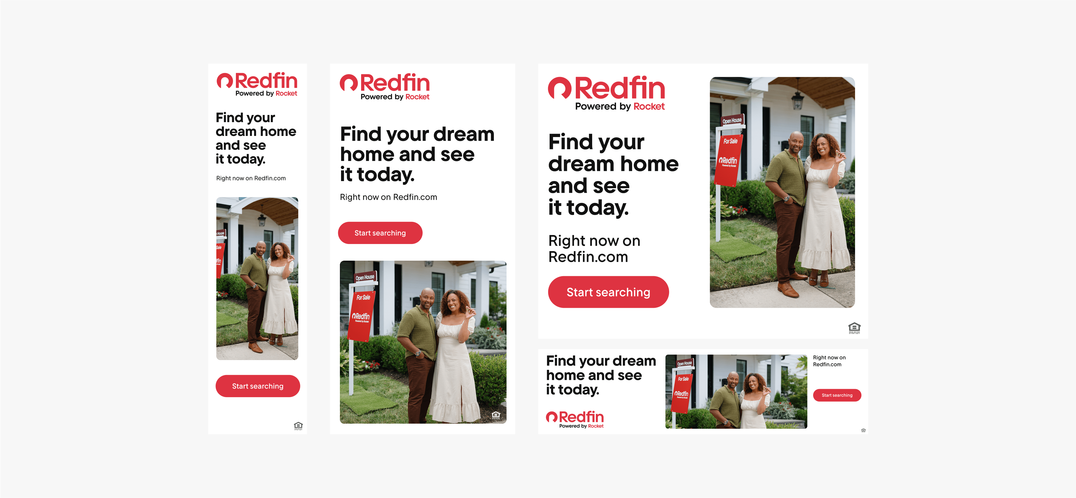 Three Redfin banner-style ads featuring a smiling couple standing outside their home next to a “For Sale” sign. Text reads “Find your dream home and see it today. Right now on Redfin.com” with a red “Start searching” button.