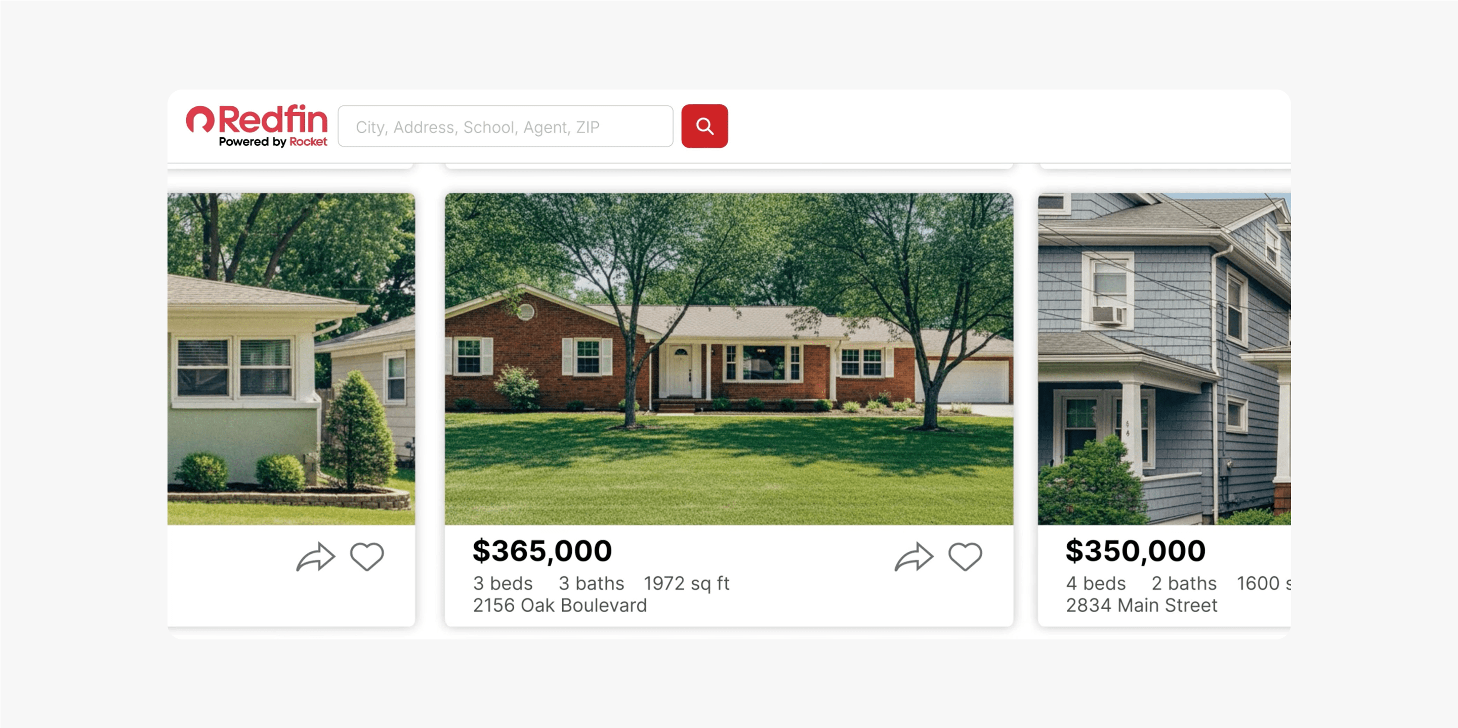 A real estate listing interface from Redfin showing a home priced at $365,000 with 3 beds, 3 baths, and 1972 square feet at 2156 Oak Boulevard, alongside other house listings.