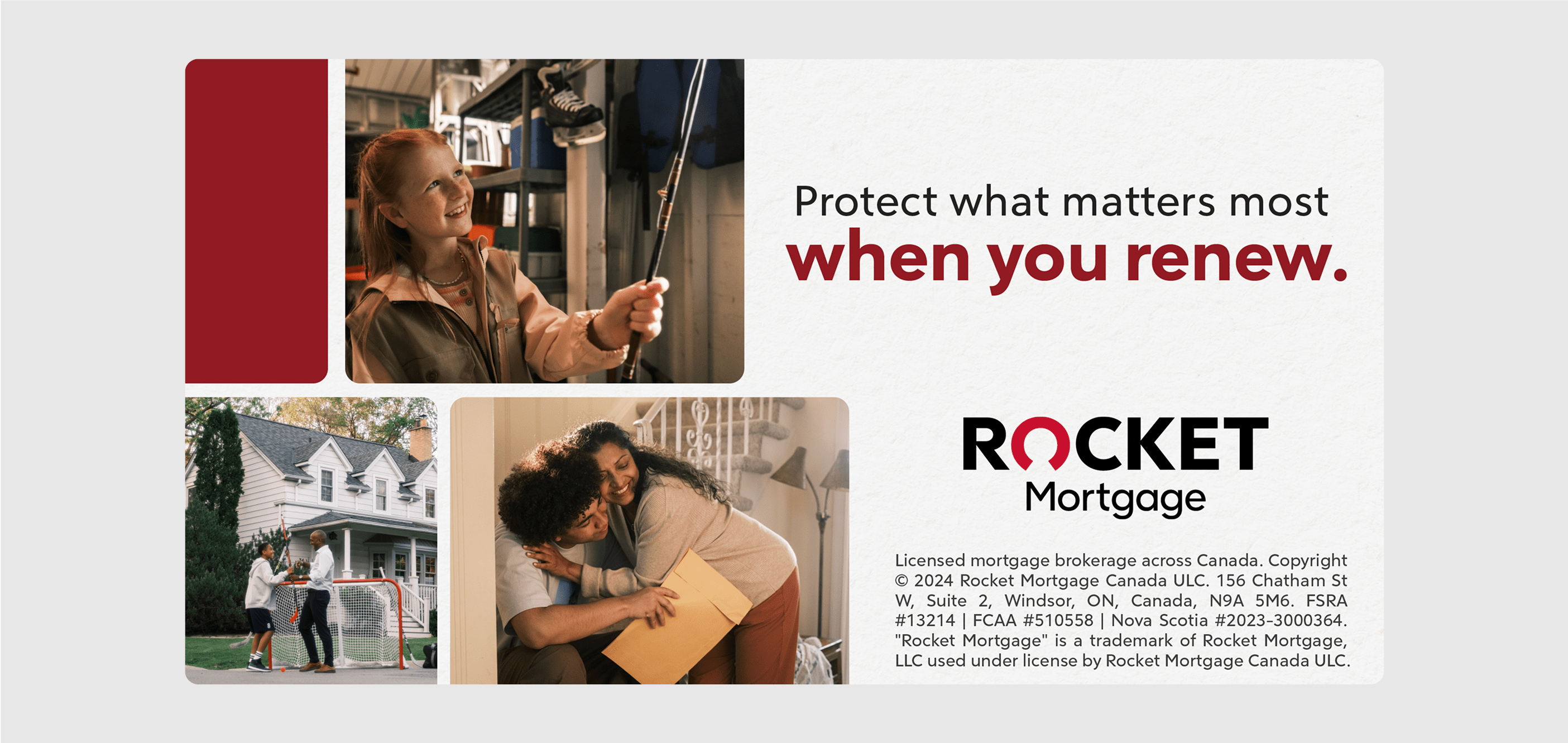 A Rocket Mortgage ad featuring a collage: a smiling girl holding a fishing rod, a family playing hockey outside a suburban home, and a woman hugging a young man with an envelope. The text reads: “Protect what matters most when you renew.”