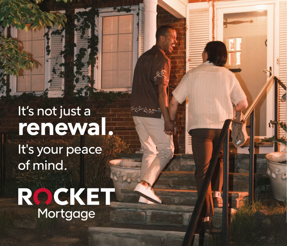 A Rocket Mortgage ad showing a couple holding hands and smiling as they walk up the steps to their home at dusk. The text reads: “It’s not just a renewal. It’s your peace of mind.”