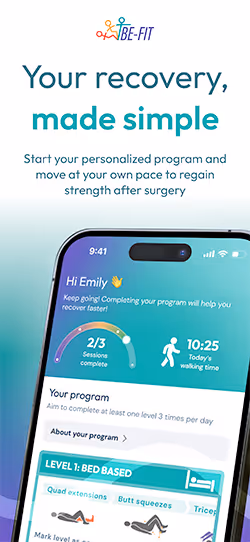 Your recovery made simple. BE-FIT app screenshot.