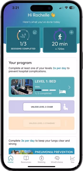 Mobile app screen showing exercise progress, 1 of 3 sessions done, 20 min walked, and program goals for bed level.