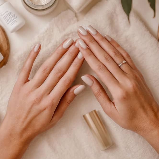 Two hands with neatly manicured nude-colored nails resting on a soft beige fabric, surrounded by skincare products and a gold lipstick case.