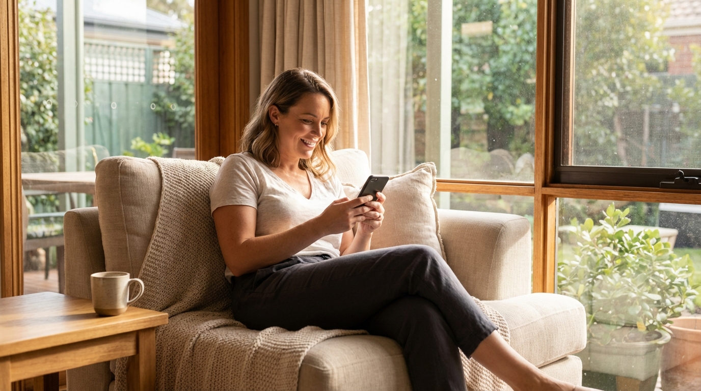 Person relaxed at home using smartphone with satisfied expression in comfortable Australian living space