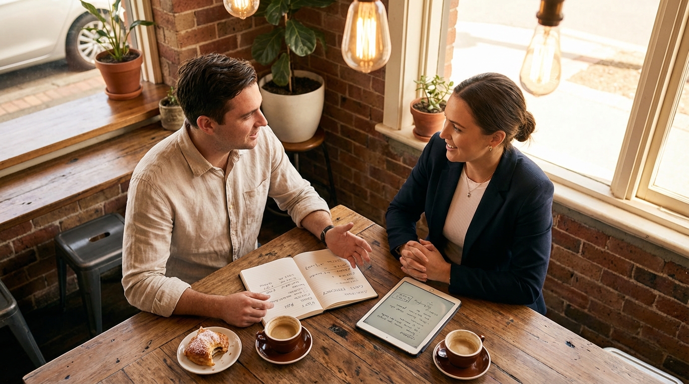Two professionals discussing business calculations over coffee with notepad and notes visible in Australian cafe setting