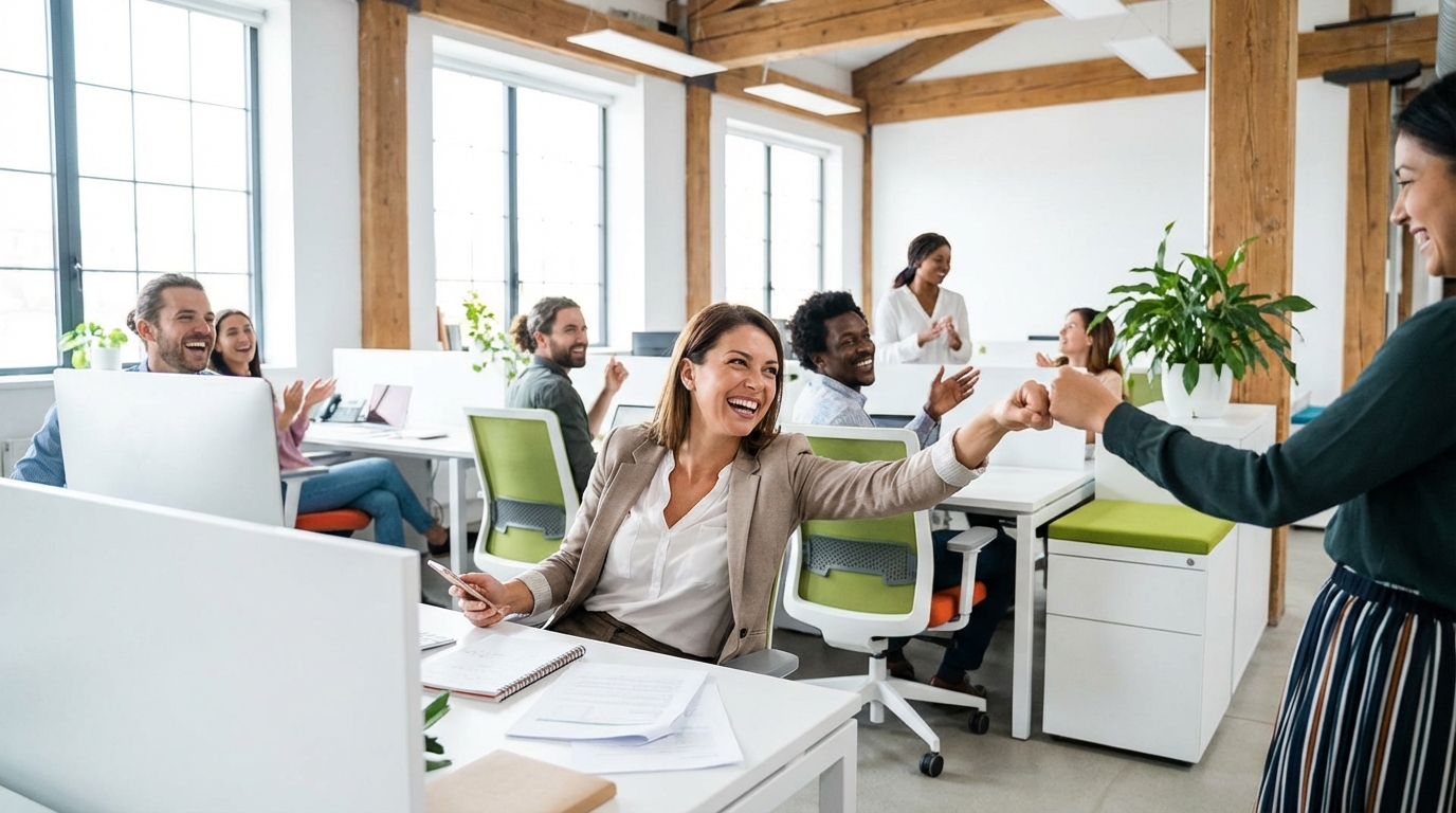 Confident sales professional in energetic open plan Australian office celebrating momentum with team visible in background