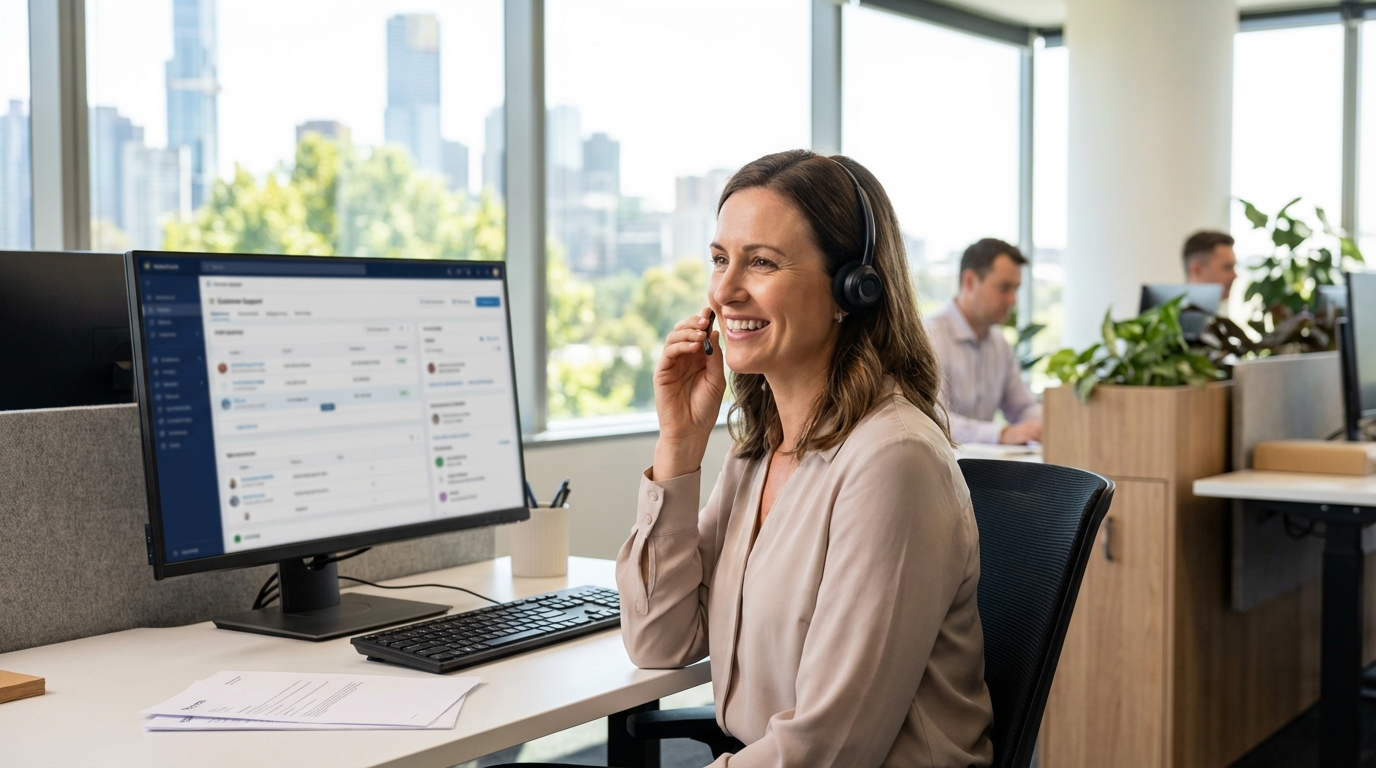 Friendly customer service professional engaged at workstation in modern Australian support centre