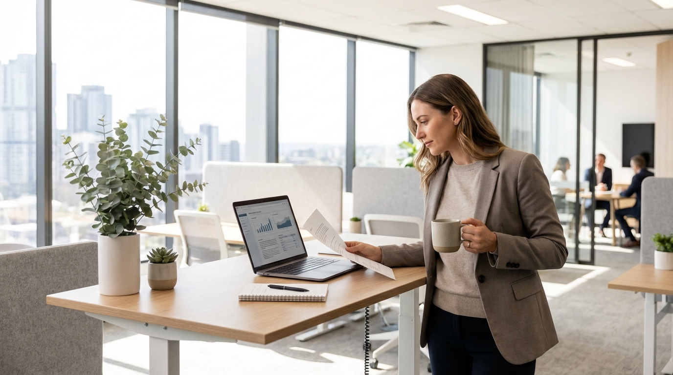 Professional reviewing documents at standing desk in bright modern Australian office with natural light and timber furnishings