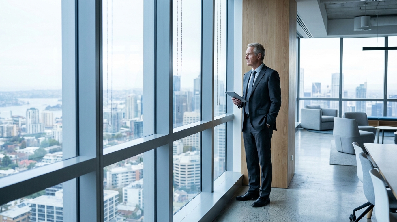 Executive looking thoughtfully out floor-to-ceiling windows at Australian city skyline in modern office with morning light