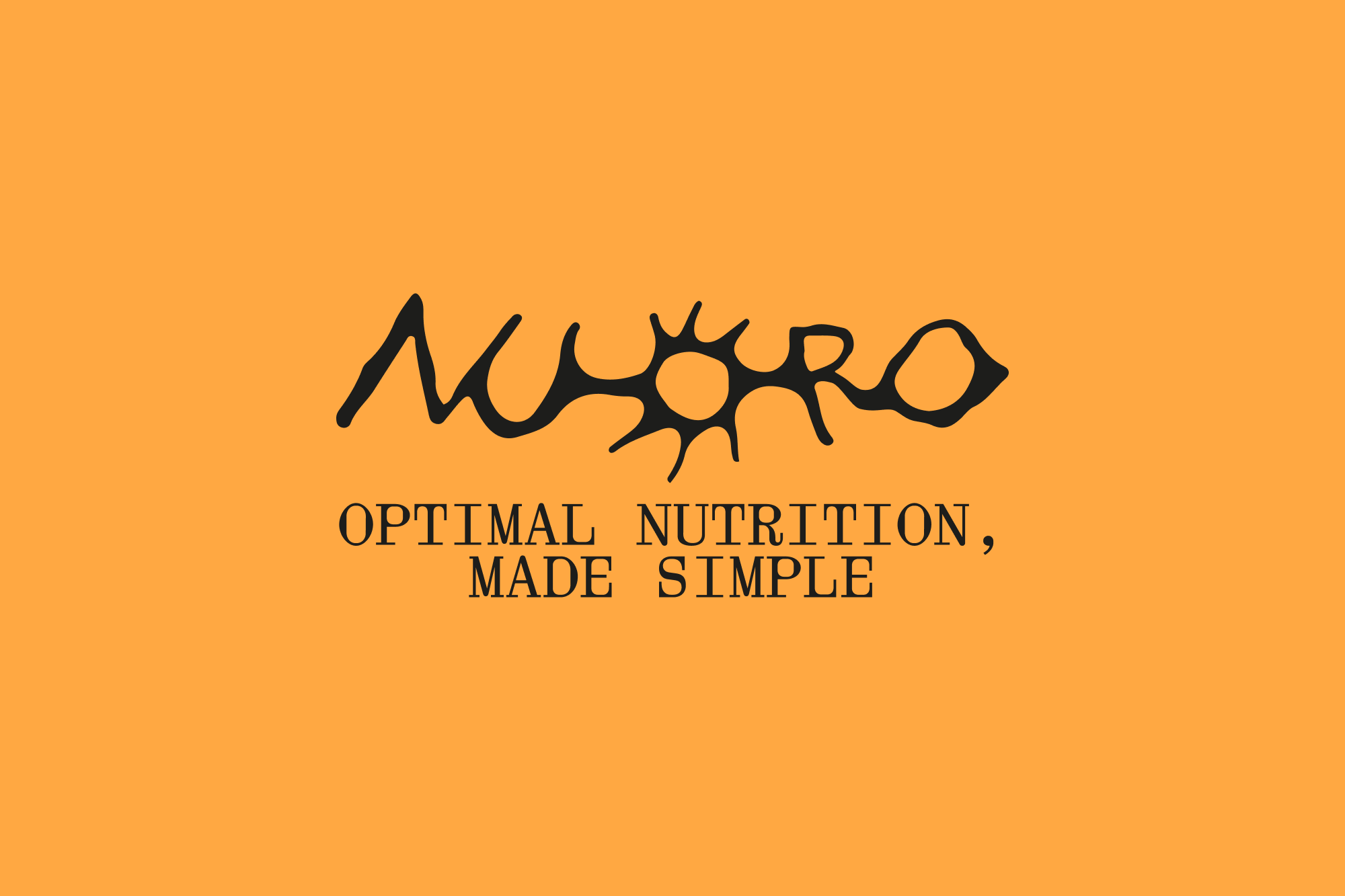 Nuoro wordmark logo on an orange background with tagline "Optimal Nutrition, Made Simple" brand identity designed by Onmi Design