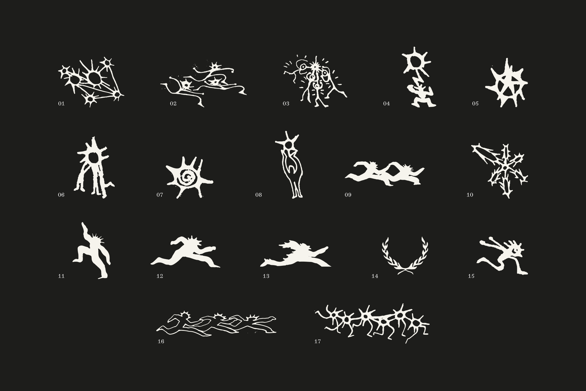 Full illustration system for Nuoro brand identity — 17 hand-drawn icons including human figures, sun symbols, and organic forms inspired by Sardinian cave art, designed by Samu Gambin