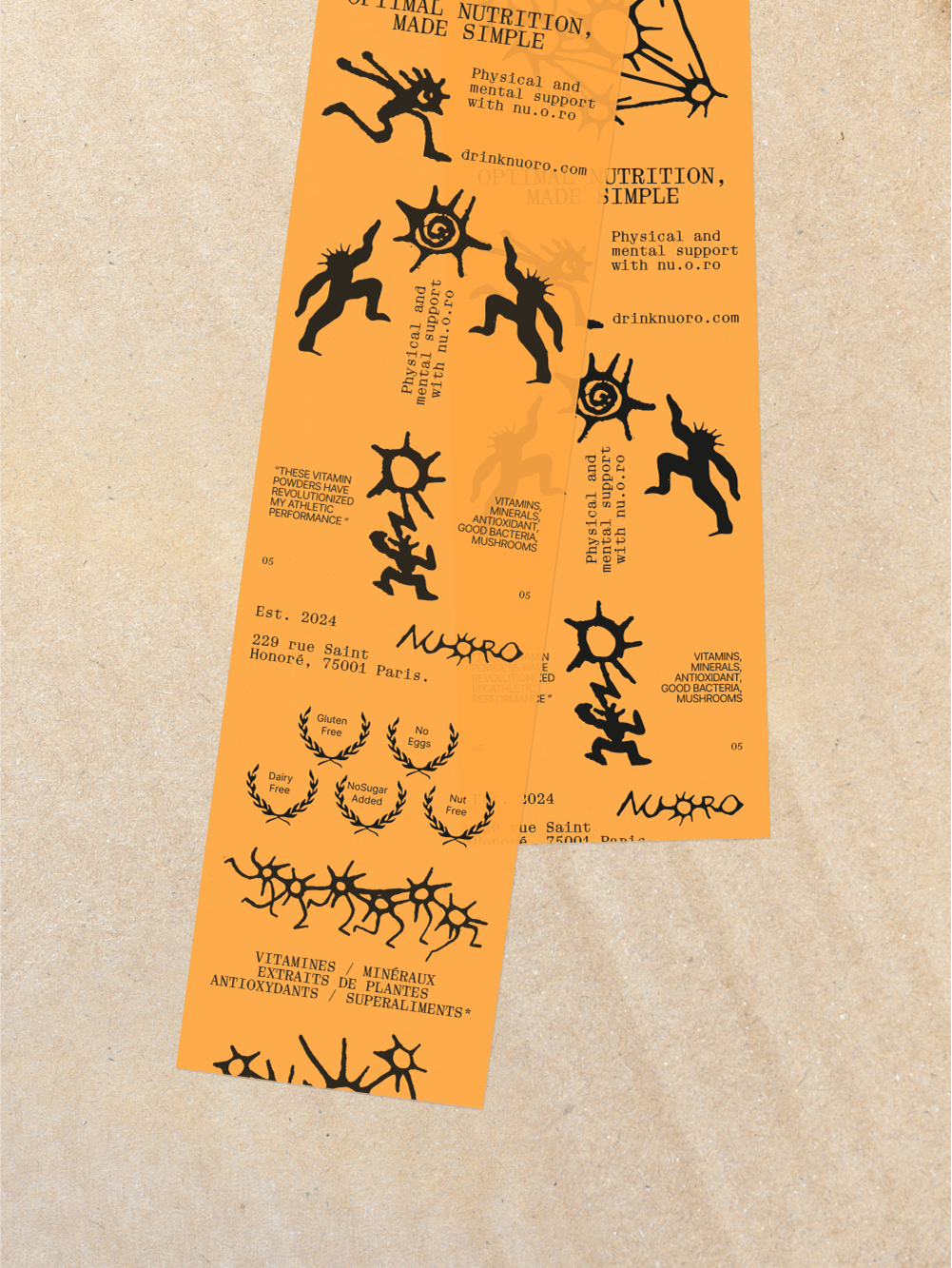 Nuoro brand identity packaging design featuring orange labels with Sardinian-inspired illustrations and brand typography by Onmi Design