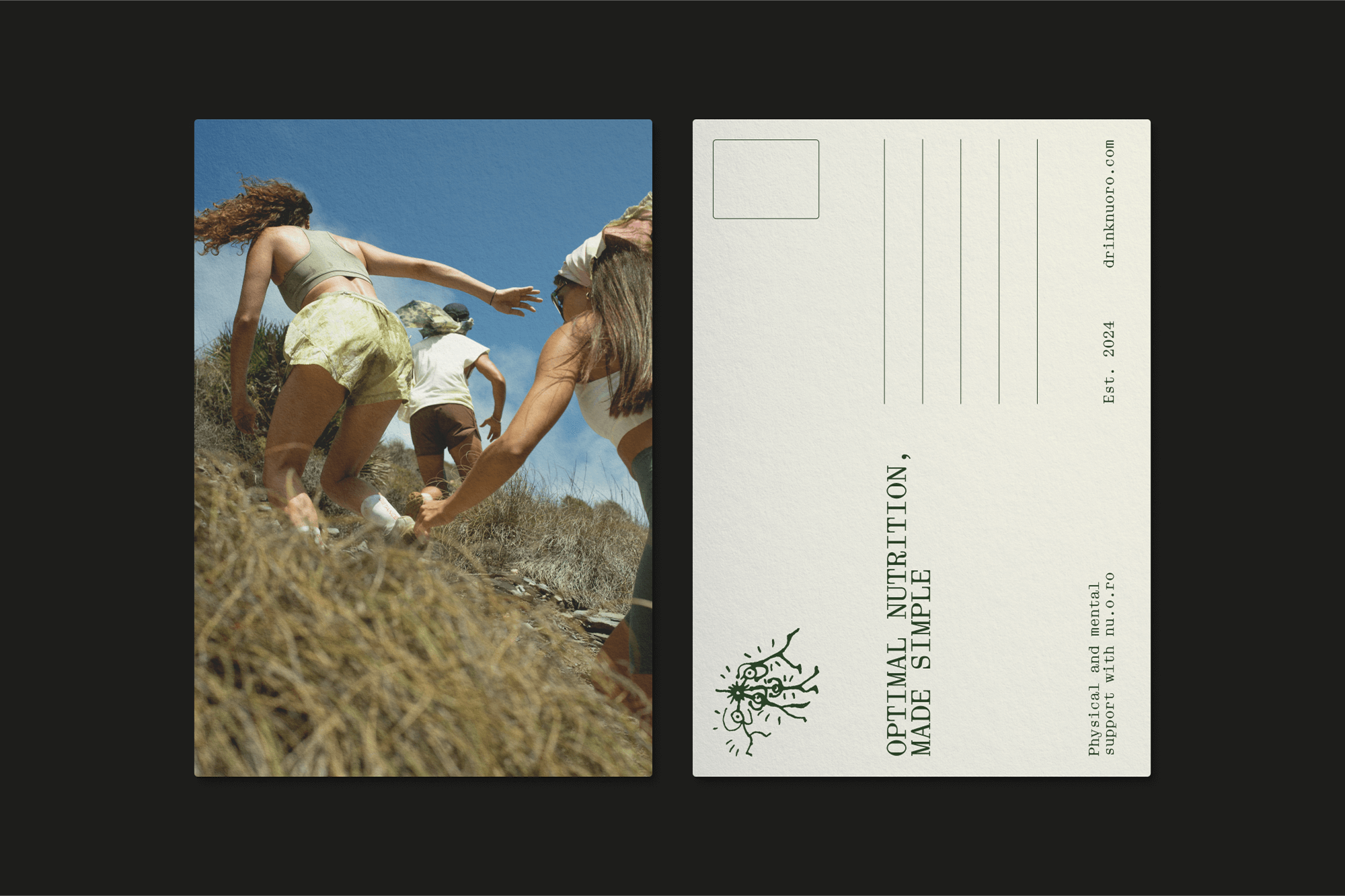 Nuoro brand identity postcard design showing front and back — lifestyle photography paired with clean typographic layout and illustrated mark on cream stock