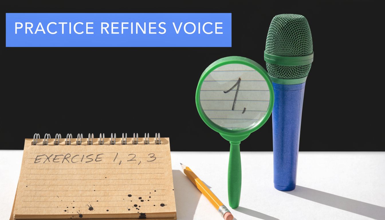 A notepad with the words Exercise 1, 2, 3, a magnifying glass over the number 1, and a microphone.