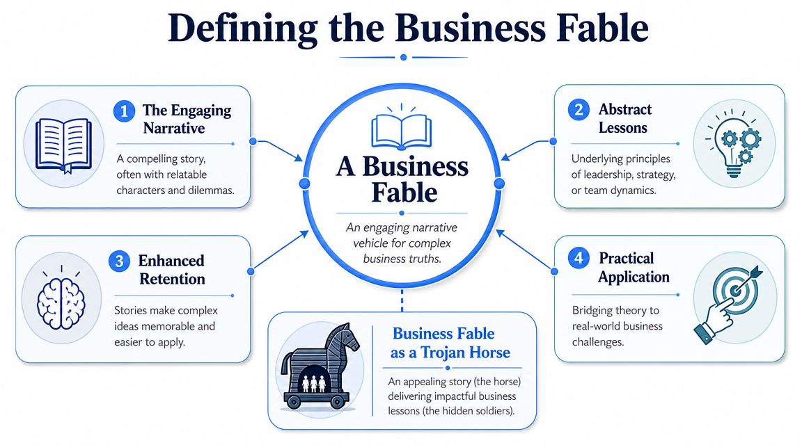 A diagram defining the business fable, highlighting its key elements including narrative, lessons, retention, and application.
