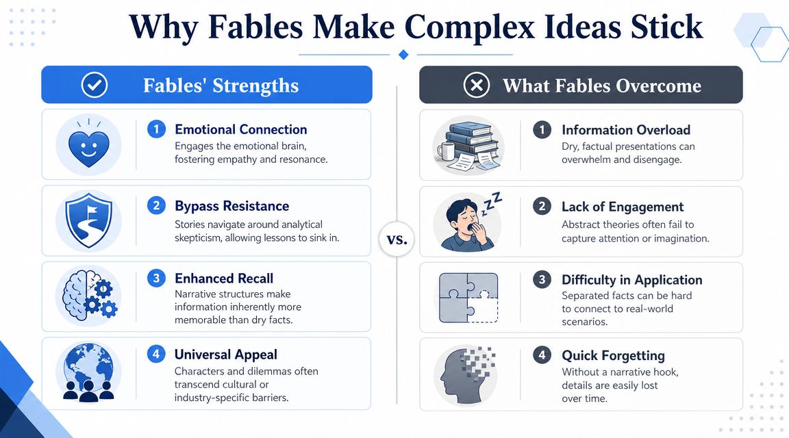 An infographic titled Why Fables Make Complex Ideas Stick, comparing fable strengths against common information barriers.