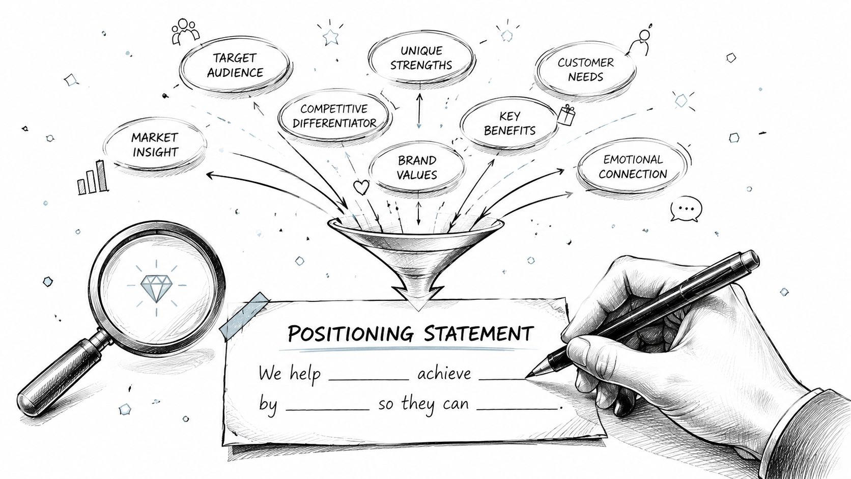 A hand writes a positioning statement on a piece of paper, funneling brand strategy elements into focus.