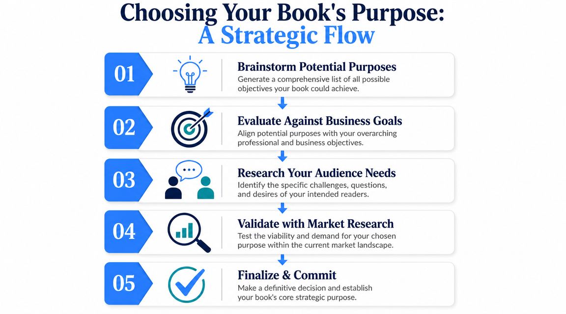 A strategic five-step flowchart illustrating how to choose and define the core purpose of your book.
