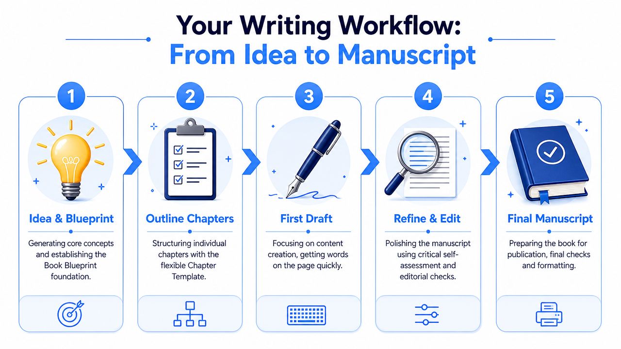 An infographic showing a five-step writing workflow from initial idea generation to a final book manuscript.