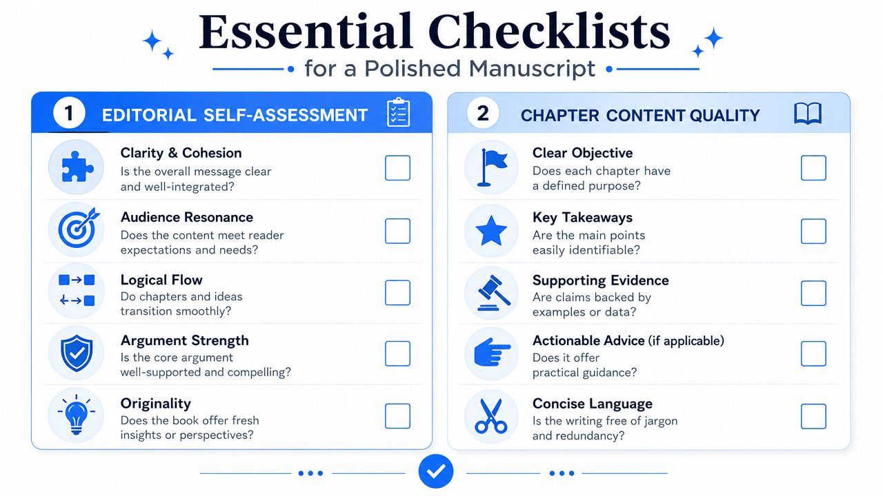 An infographic titled Essential Checklists for a Polished Manuscript with two sections for editorial assessment and content quality.