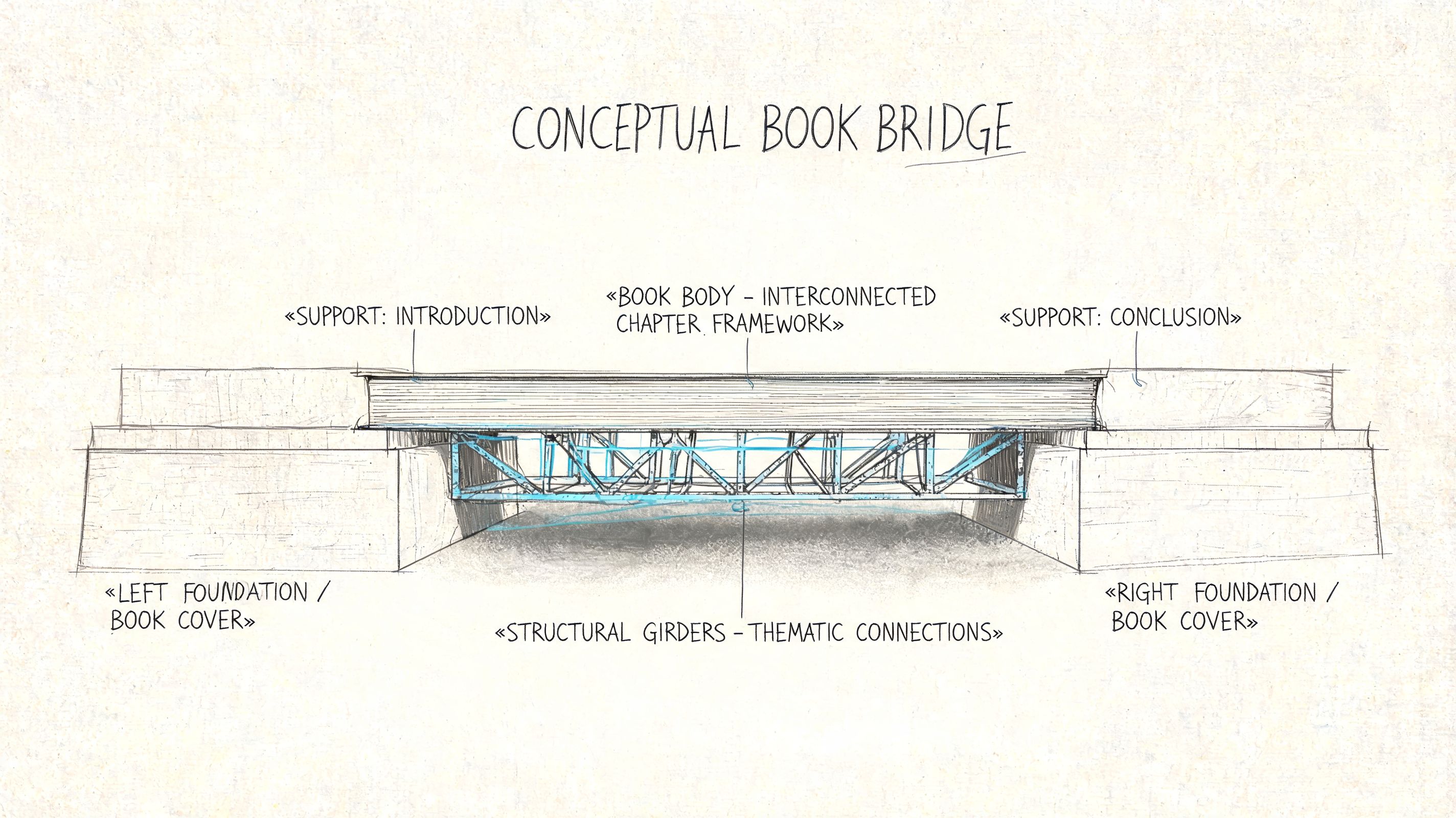 A conceptual sketch comparing the structure of a book to a bridge with annotated thematic parts.