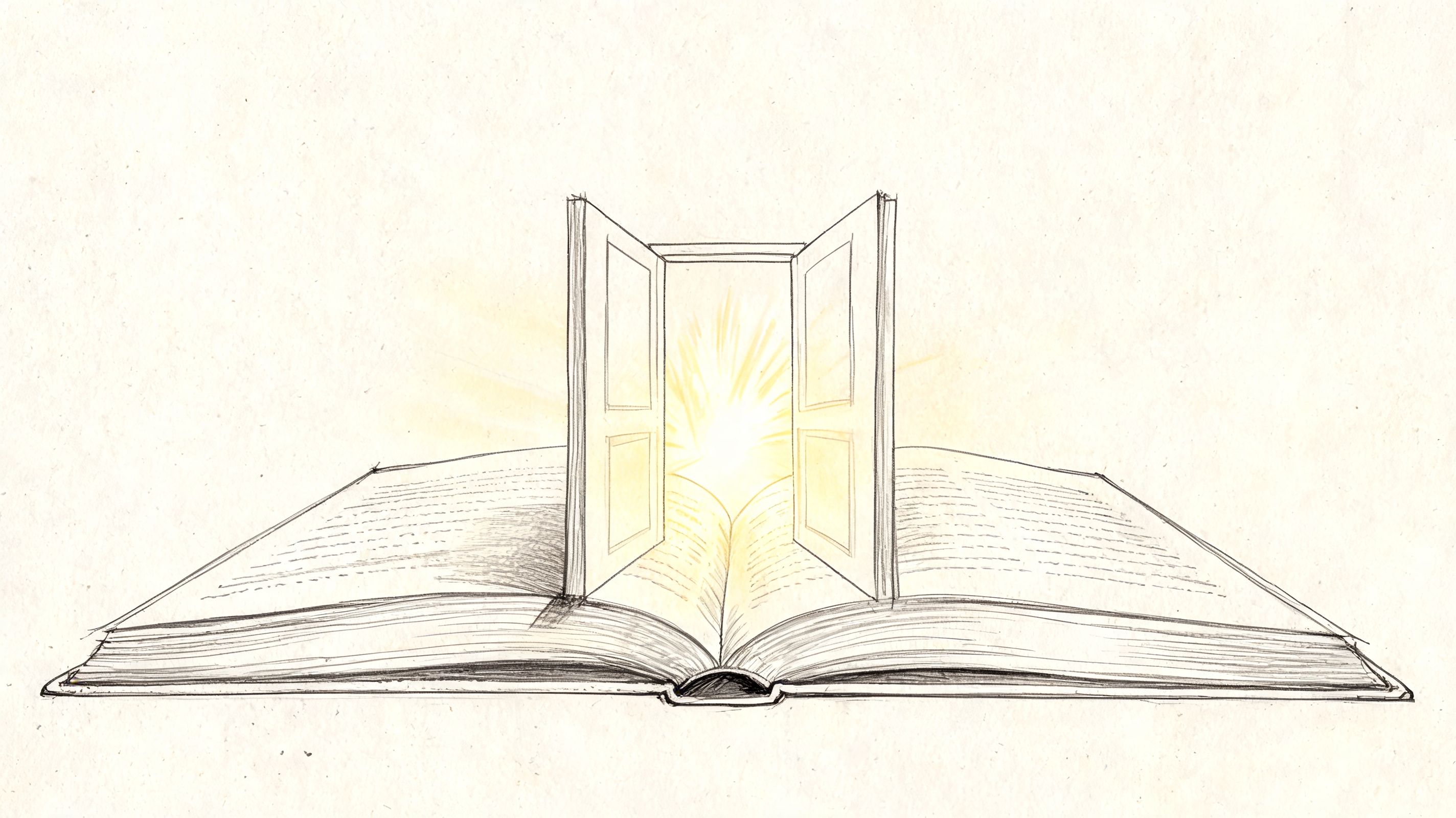 An artistic sketch of an open book with a glowing doorway rising from the center pages.