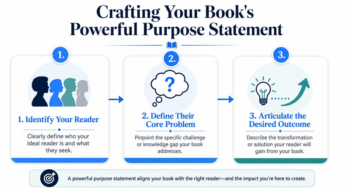 A three-step infographic showing how to create a purpose statement for a non-fiction book.
