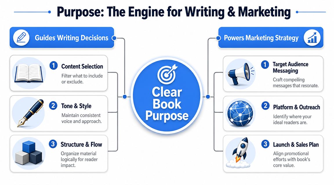 A diagram illustrating how a clear book purpose drives both writing decisions and marketing strategy efforts.