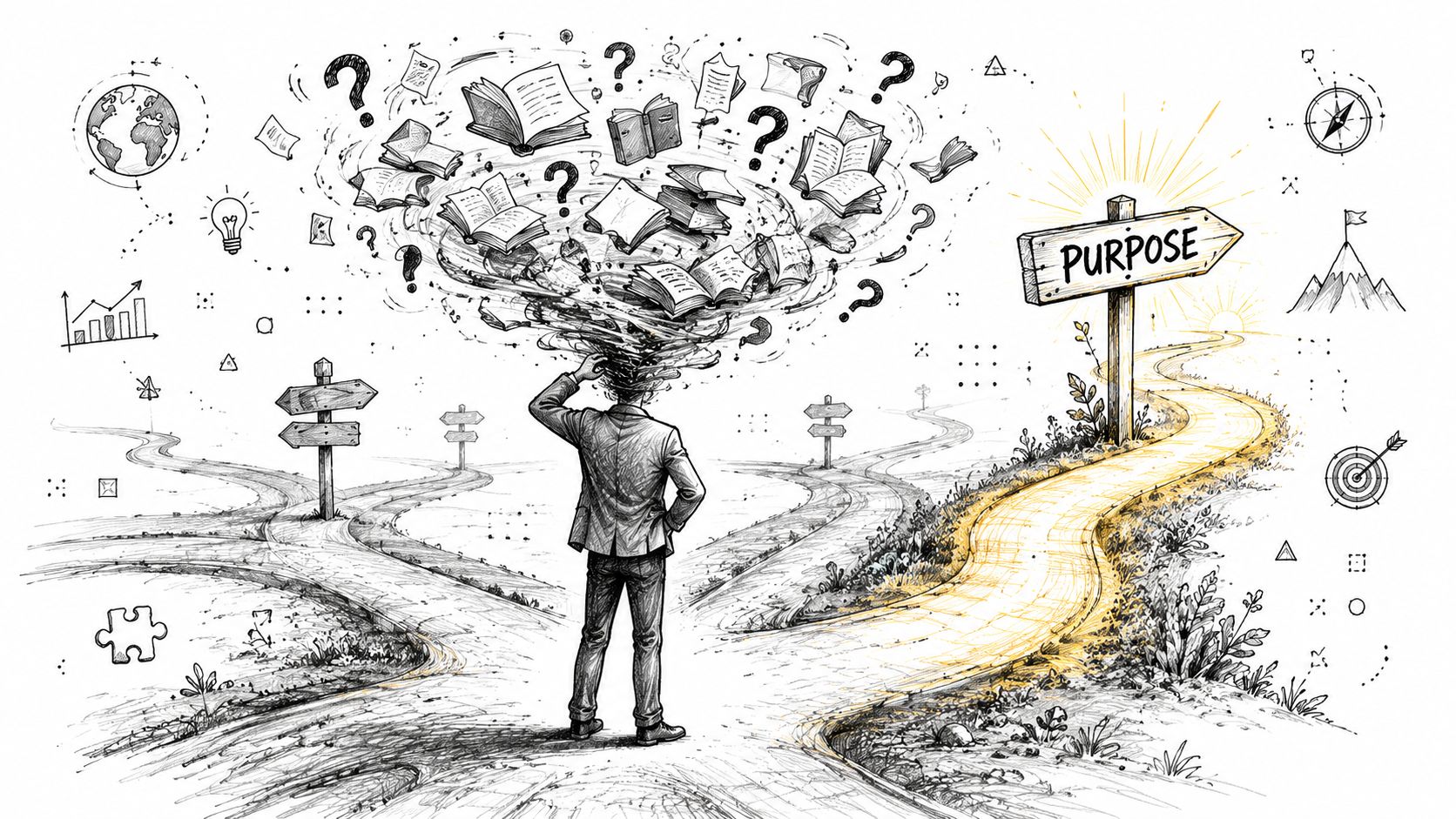 A person stands at a crossroads surrounded by books, choosing the path labeled with the word Purpose.